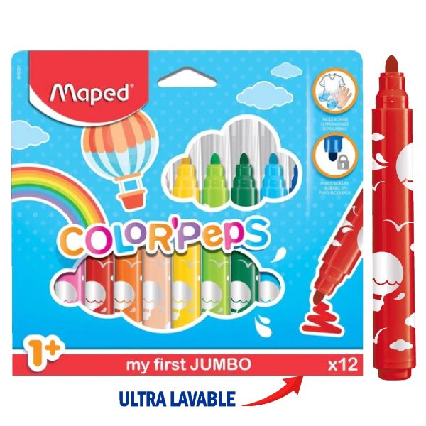 PLUMONES MAPE MAXI JUMBO ULTRALAVABLES X 12 COLORES