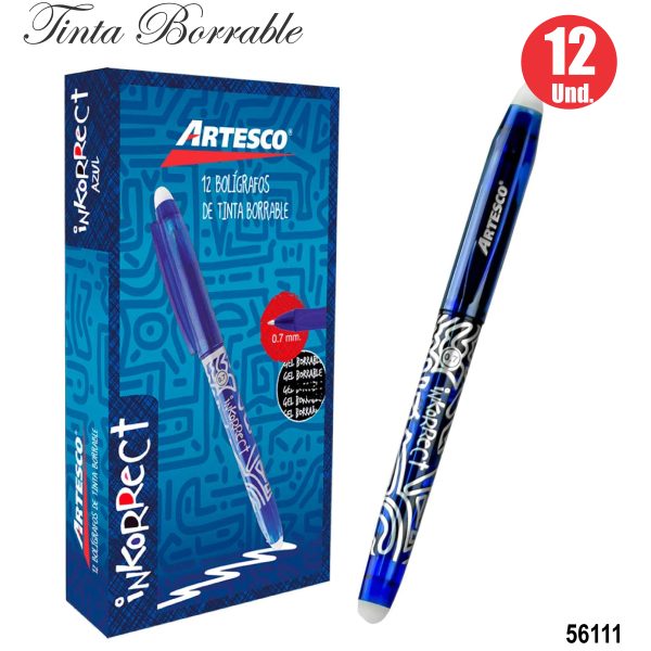 BOLIGRAFO BORRABLE ARTESCO GEL INKORRECT AZUL x12und