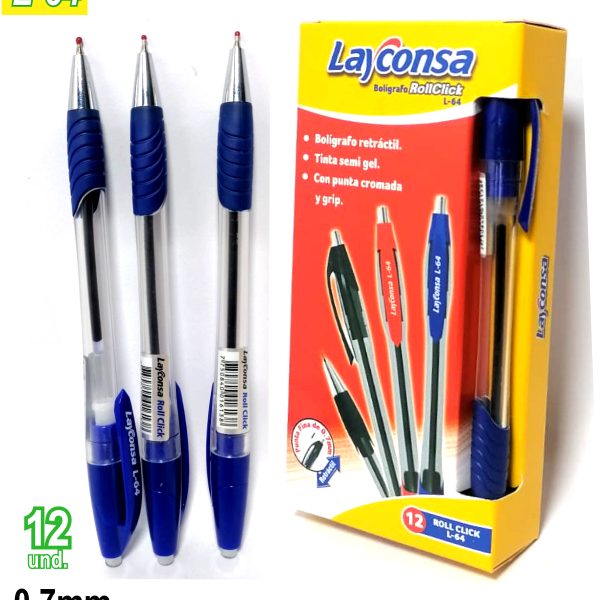Boligrafo Layconsa retractil Roll click L-64 azul x12Und