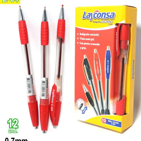 Boligrafo Layconsa retractil Roll click L-64 rojo x12Und